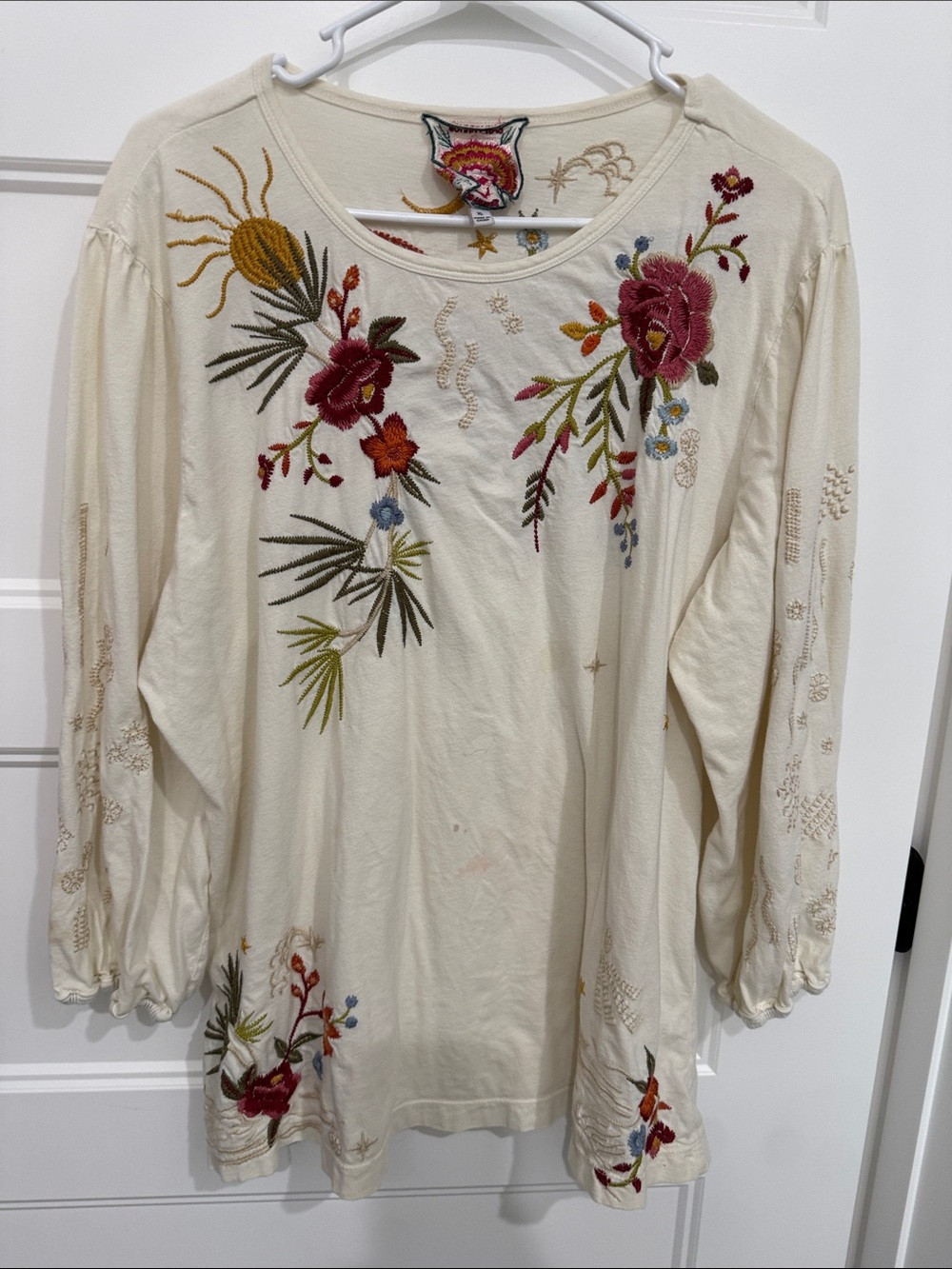 Johnny Was Cream Embroidered Floral Peasant Blouse
